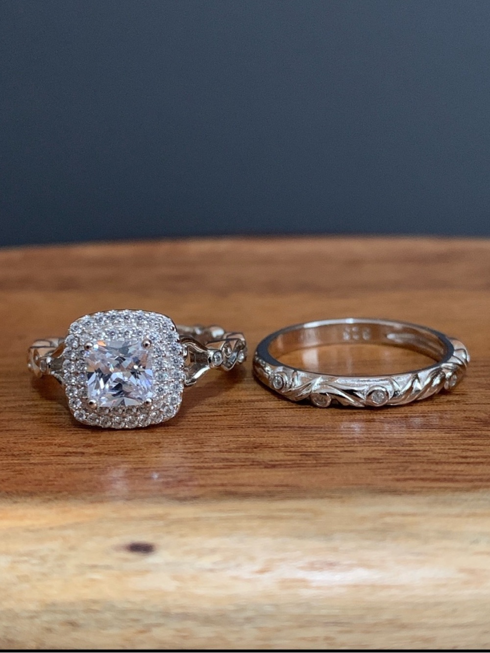 New 925 Silver CZ Engagement/Wedding Ring Set Size 6.75